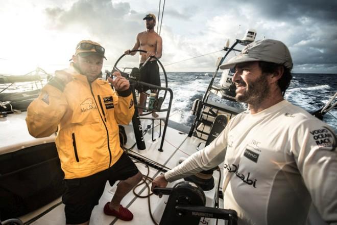 Abu Dhabi Ocean Racing - Justin Slattery does his best photographer impression in the South Pacific at dusk - Volvo Ocean Race 2014-15 © Matt Knighton/Abu Dhabi Ocean Racing